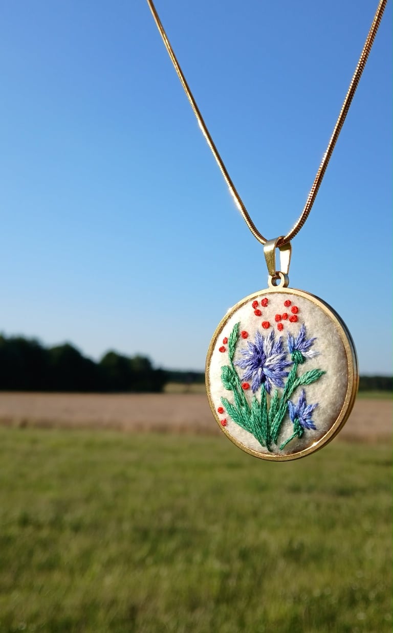Embroidered flower pendant necklace with blue and red flowers hanging over a countryside field