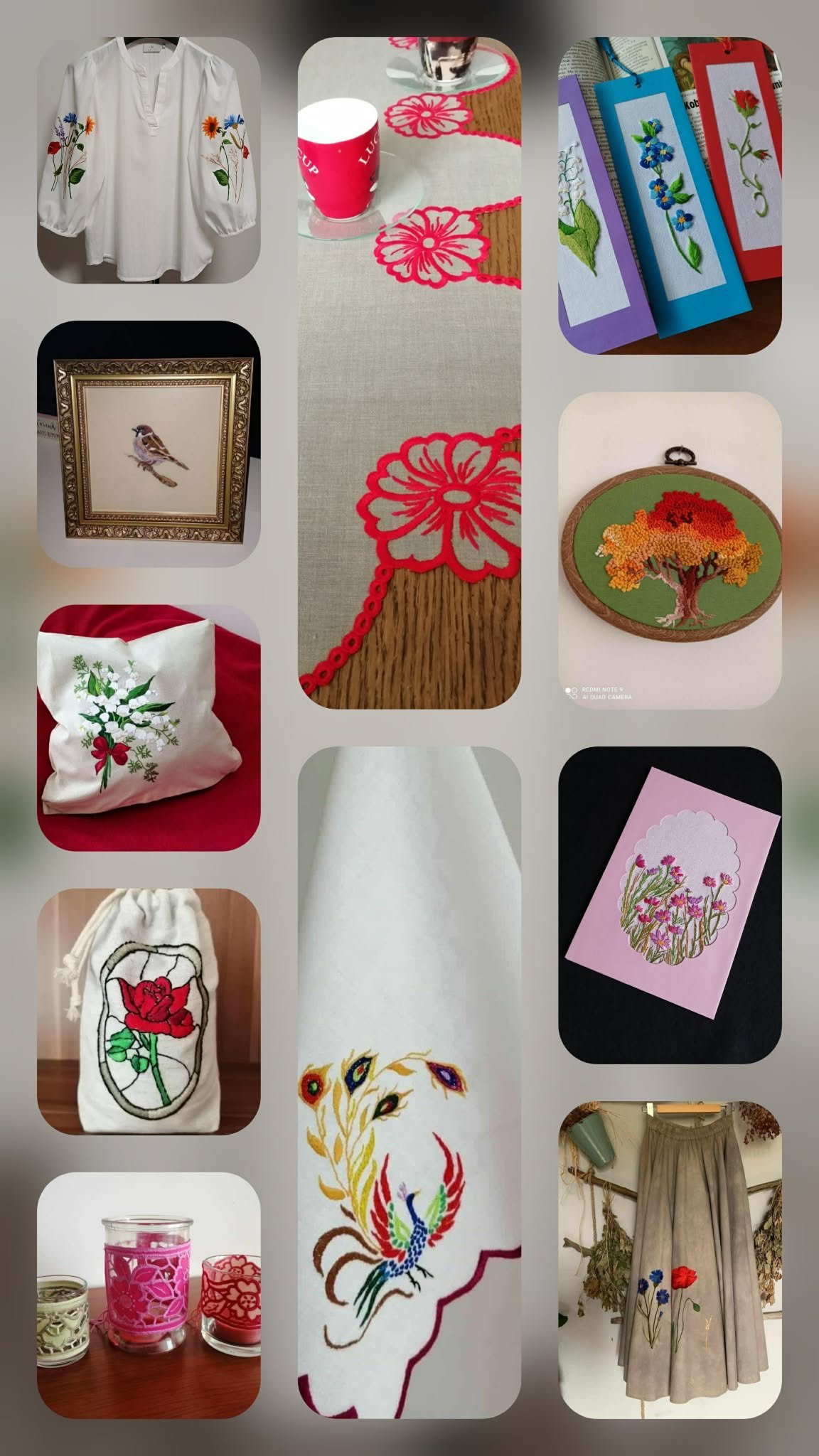 Collection of handmade floral embroidered and embellished items including clothing, home decor, and accessories with botanical designs