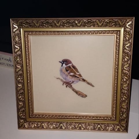 Framed watercolor painting of a small brown and purple bird perched on a branch with ornate gold decorative frame