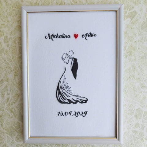 Framed wedding artwork with couple illustration, names Ekaterina and Artur, red heart, and date 15.06.2025