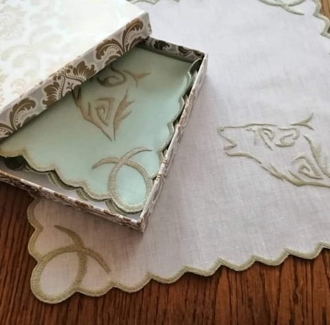 Vintage decorative tray and linen napkin with embroidered floral designs and scalloped edges on wooden surface