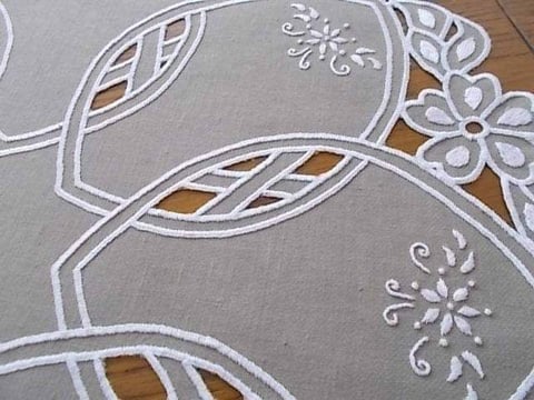 Close-up of white embroidered cutout lace fabric with floral and leaf motifs on gray background.