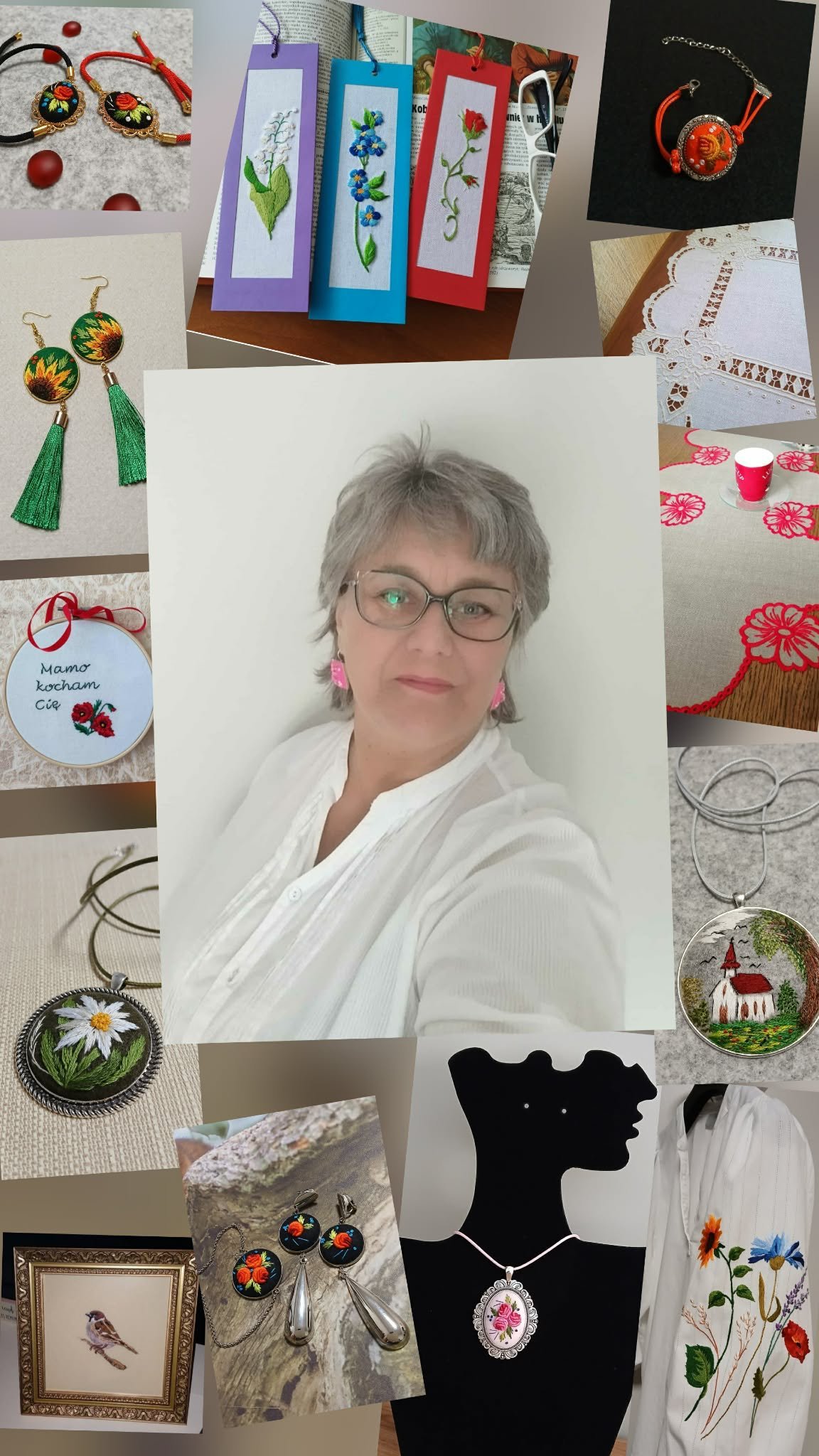 Portrait of woman with gray hair and glasses surrounded by handmade jewelry, embroidered pieces, and botanical designs featuring pressed flowers and decorative beads